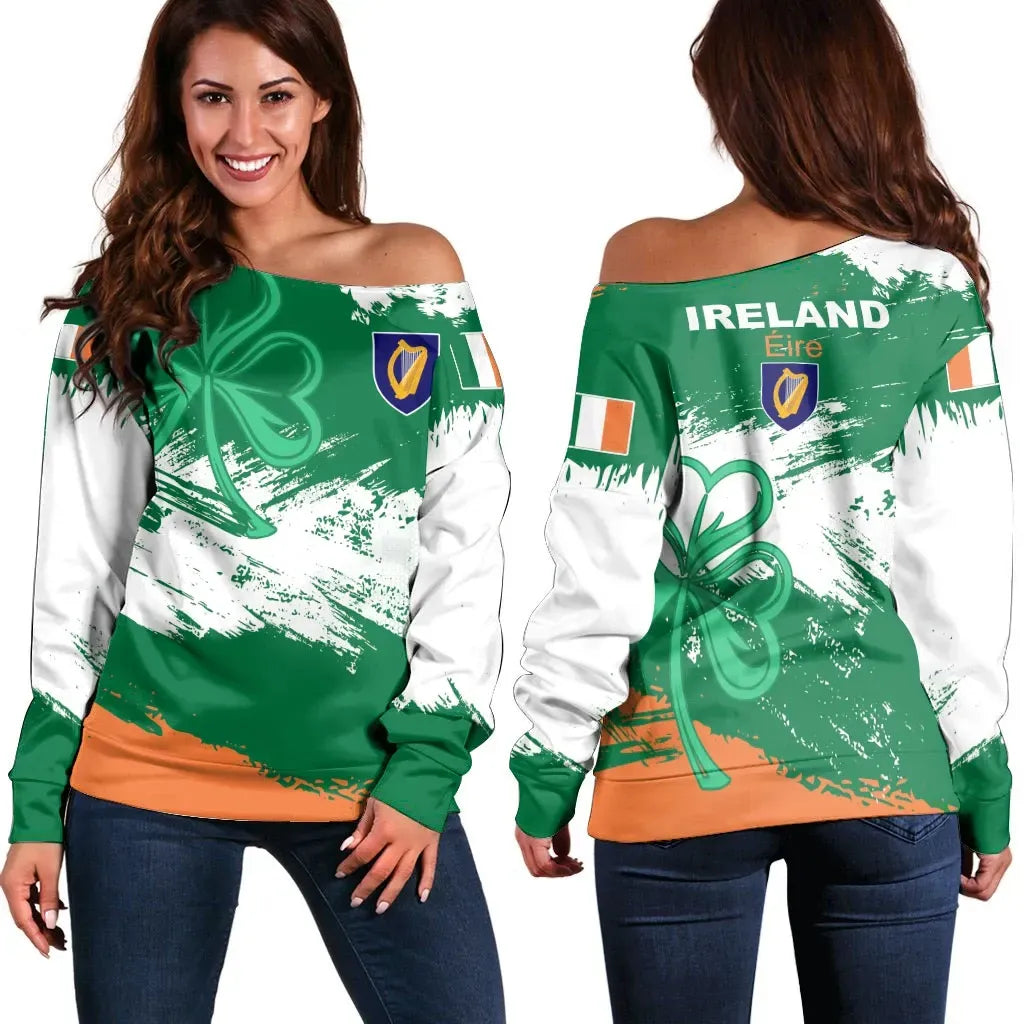 Ireland Off Shoulder Sweater Ireland Flag Brush