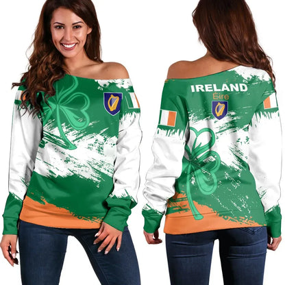 Ireland Off Shoulder Sweater Ireland Flag Brush