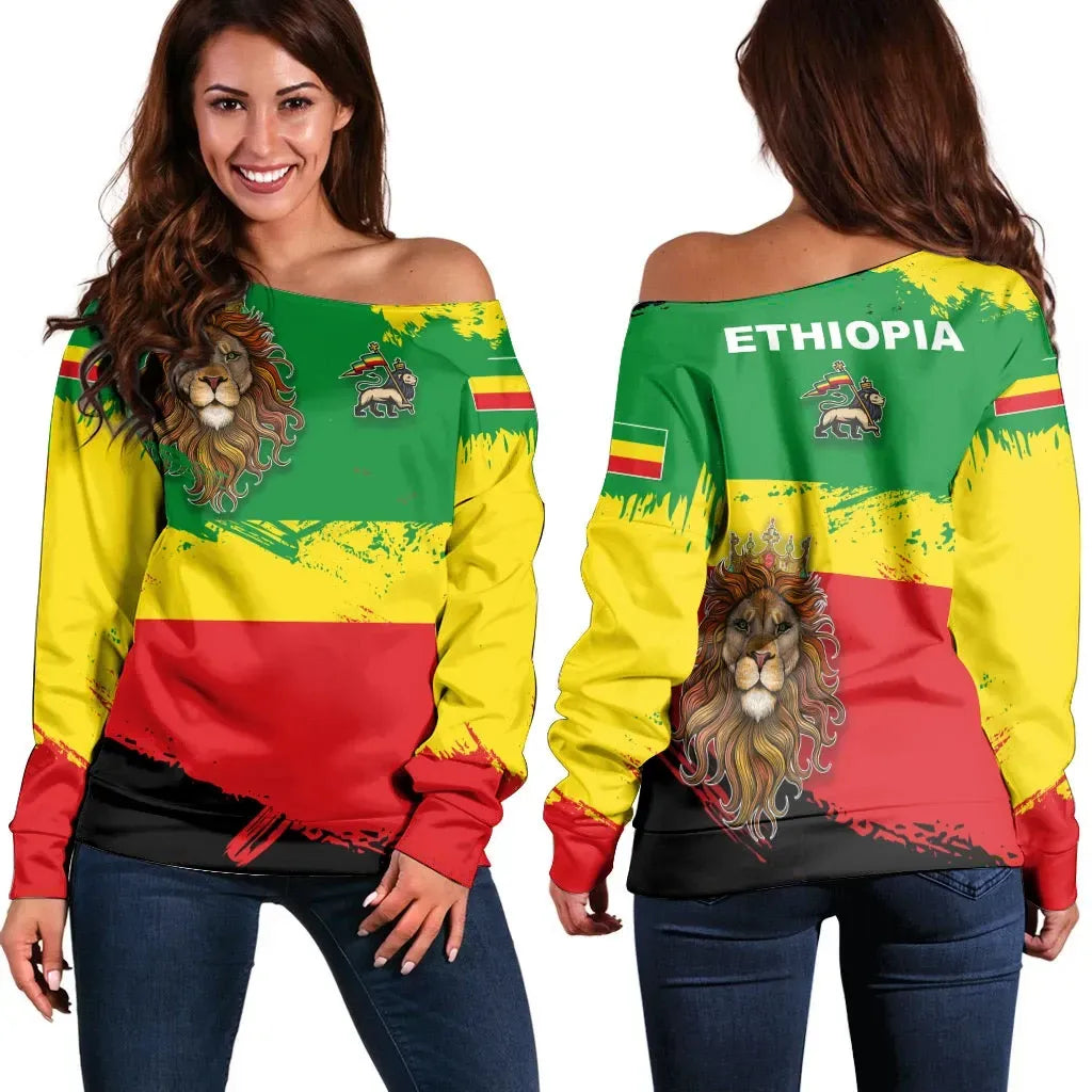Ethiopia Off Shoulder Off Shoulder Sweater Ethiopia Flag Brush