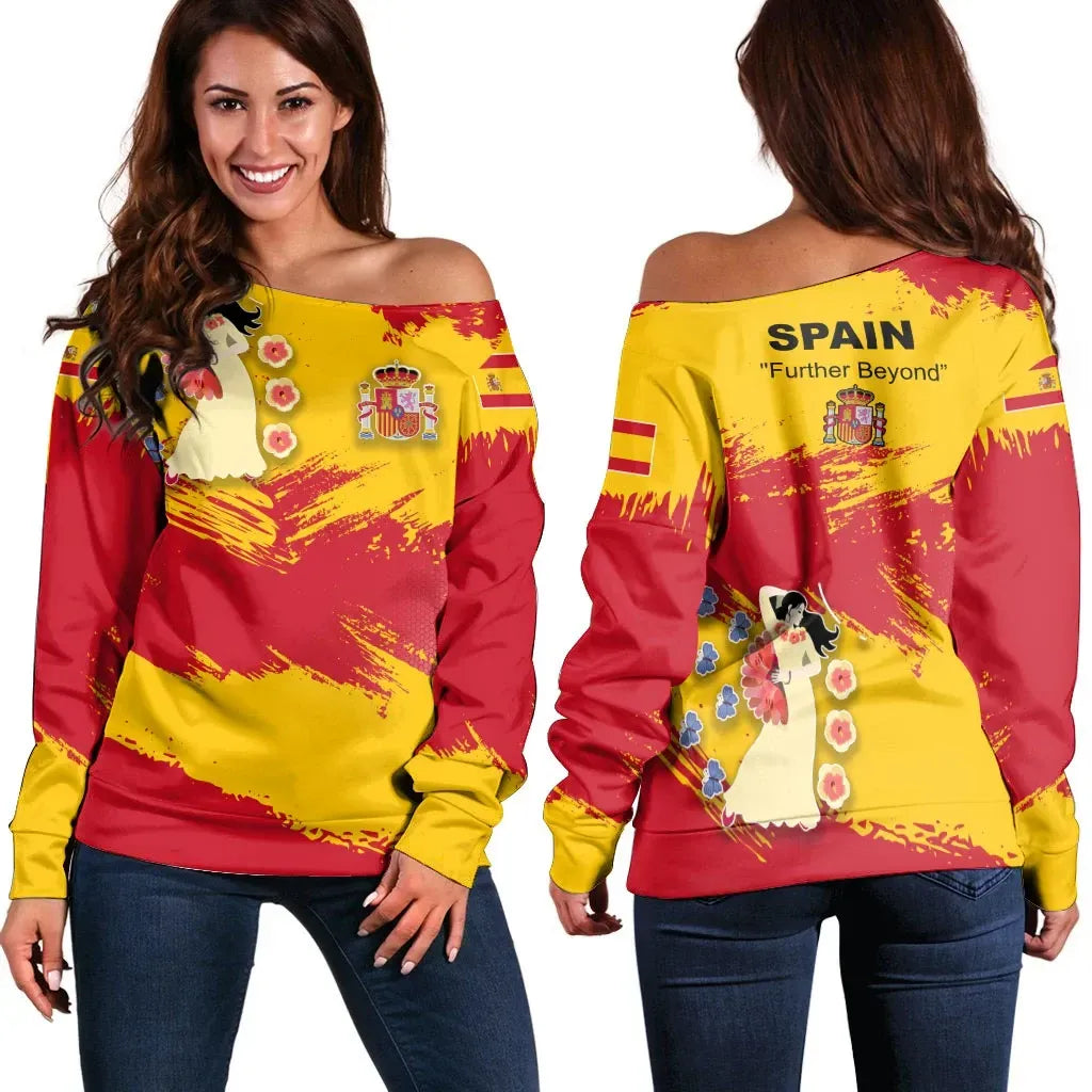 Spain Off Shoulder Sweater Spain Flag Brush