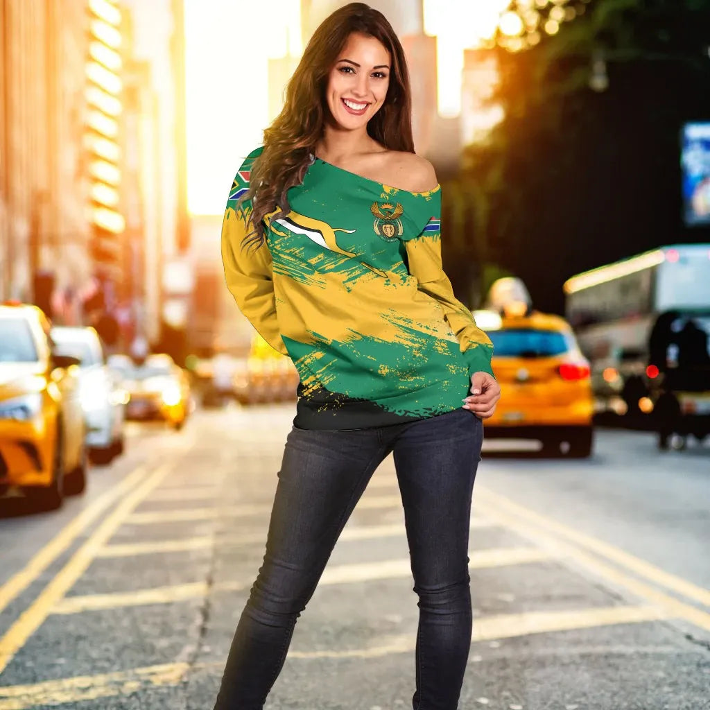 South Africa Off Shoulder Sweater South Africa Flag Brush