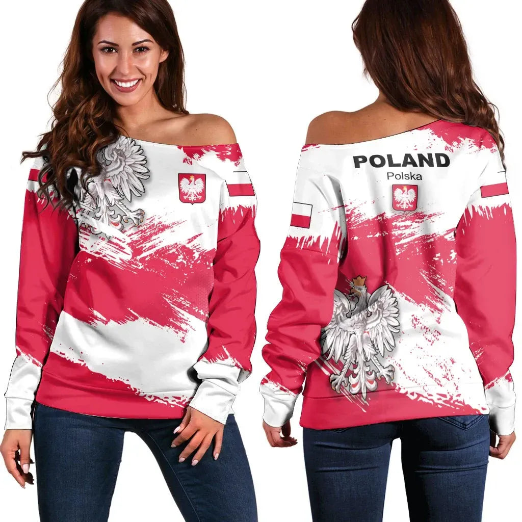 Poland Off Shoulder Sweater Poland Flag Brush