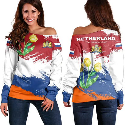 Netherlands Off Shoulder Sweater Netherlands Flag Brush