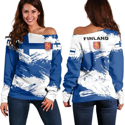 Finland Off Shoulder Sweater Finland Flag Brush