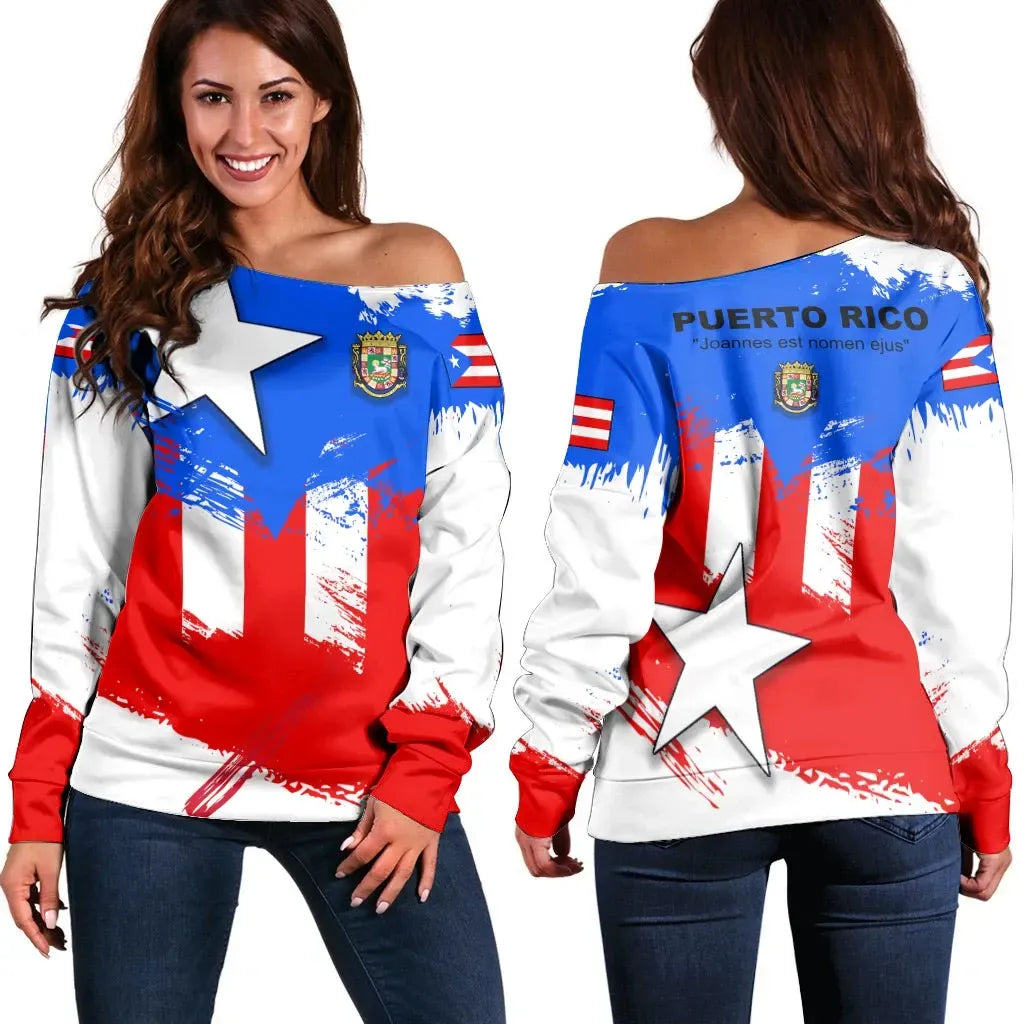 Puerto Rico Off Shoulder Sweater Puerto Rico Flag Brush