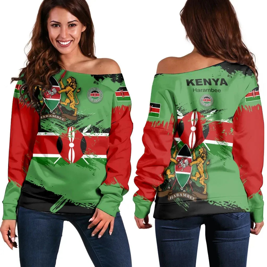 Kenya Off Shoulder Sweater Kenya Flag Brush