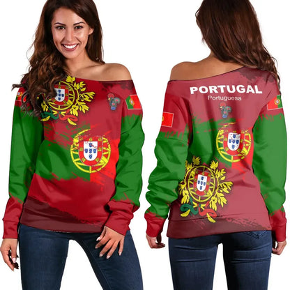 Portugal Off Shoulder Sweater Portugal Flag Brush