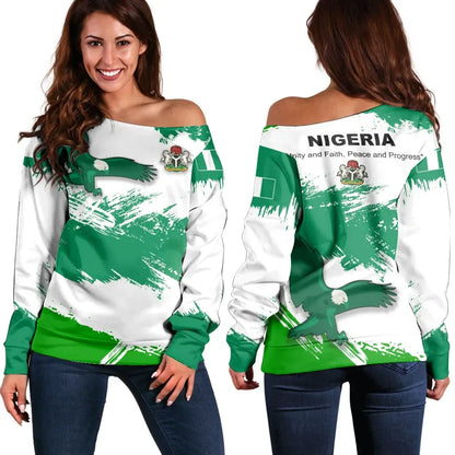 Nigeria Off Shoulder Sweater Nigeria Flag Brush