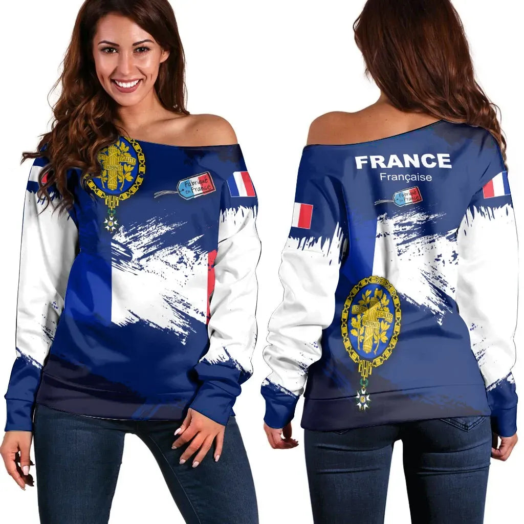 France Off Shoulder Sweater France Flag Brush