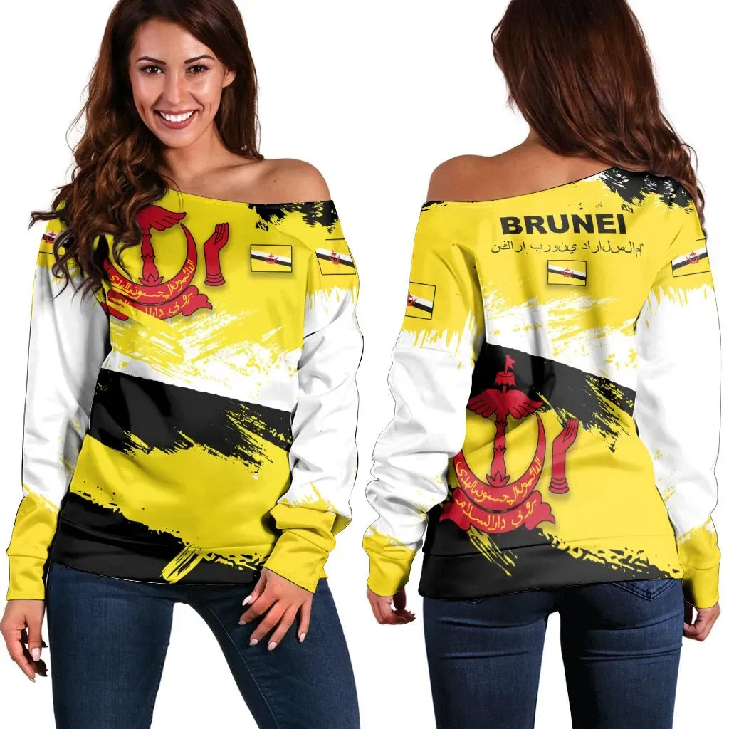 Brunei Off Shoulder Sweater Brunei Flag Brush