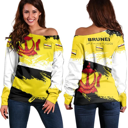 Brunei Off Shoulder Sweater Brunei Flag Brush