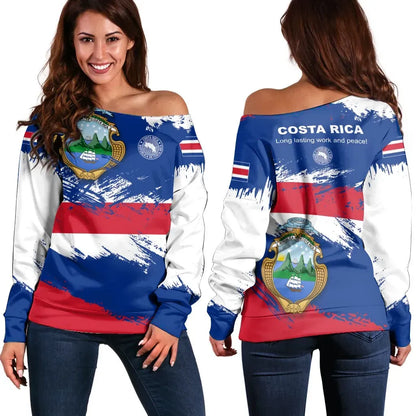 Costa Rica Off Shoulder Sweater Costa Rica Flag Brush