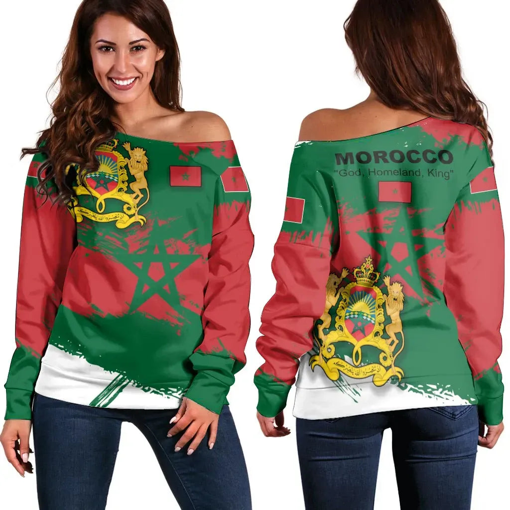 Morocco Off Shoulder Sweater Morocco Flag Brush