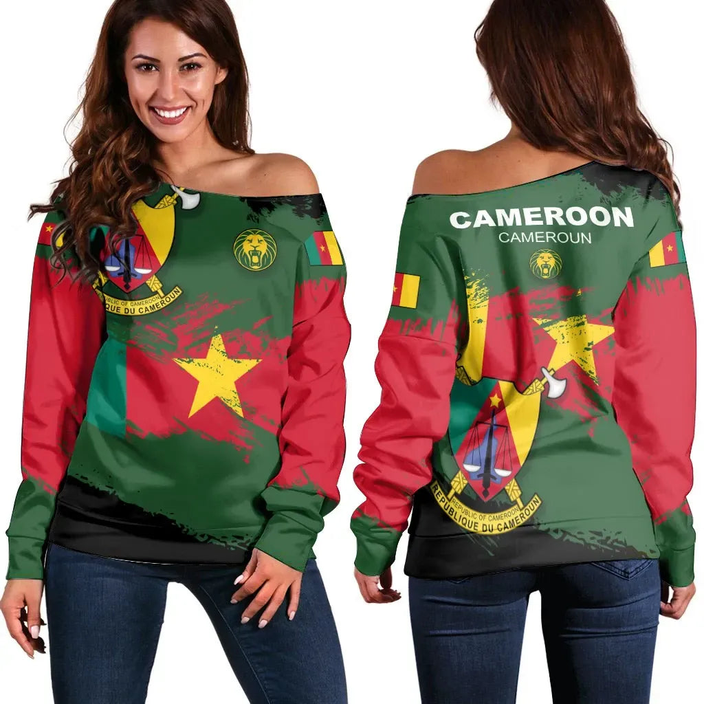 Cameroon Off Shoulder Sweater Cameroon Flag Brush