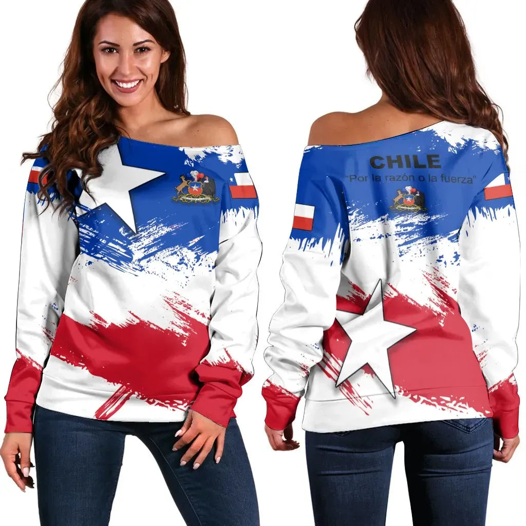 Chile Off Shoulder Sweater Chile Flag Brush