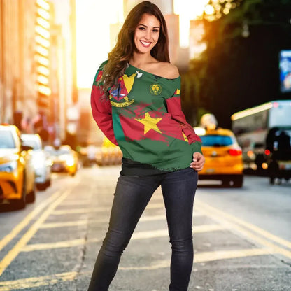 Cameroon Off Shoulder Sweater Cameroon Flag Brush