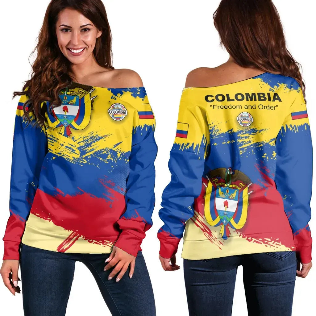 Colombia Off Shoulder Sweater Colombia Flag Brush