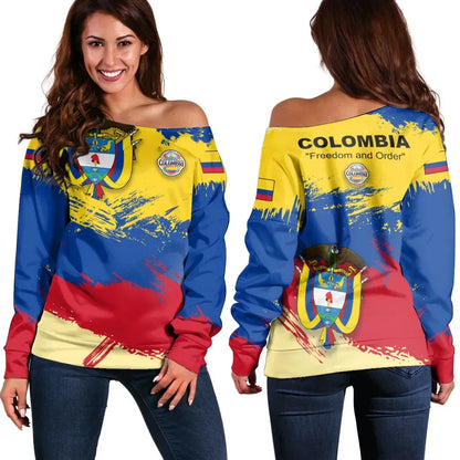 Colombia Off Shoulder Sweater Colombia Flag Brush