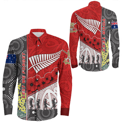 Rugbylife Clothing Custom Australia Indigenous & New Zealand Maori Anzac Red Long Sleeve Button Shirt