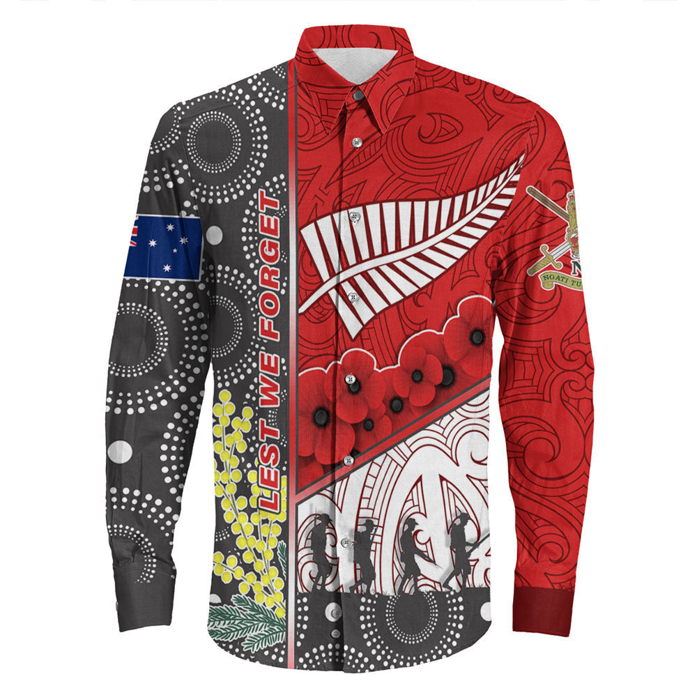 Rugbylife Clothing Custom Australia Indigenous & New Zealand Maori Anzac Red Long Sleeve Button Shirt