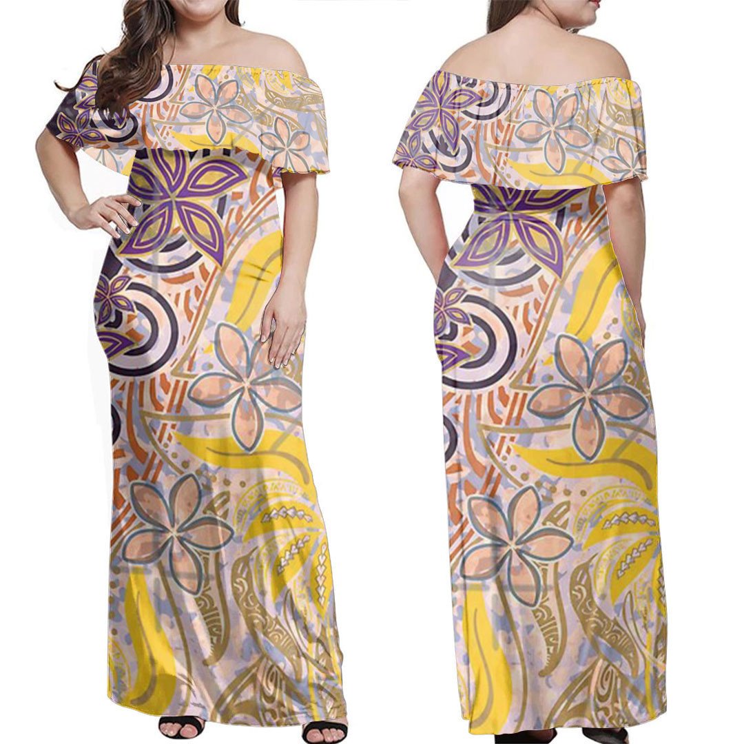 Polynesian Dress Polynesian Gold And Purple Tropical Camo Off Shoulder Long Dress