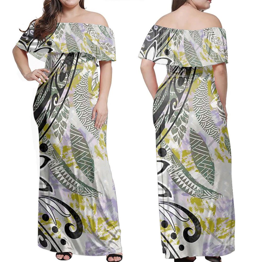 Polynesian Dress Retro Painted Tribal Leaves Off Shoulder Long Dress