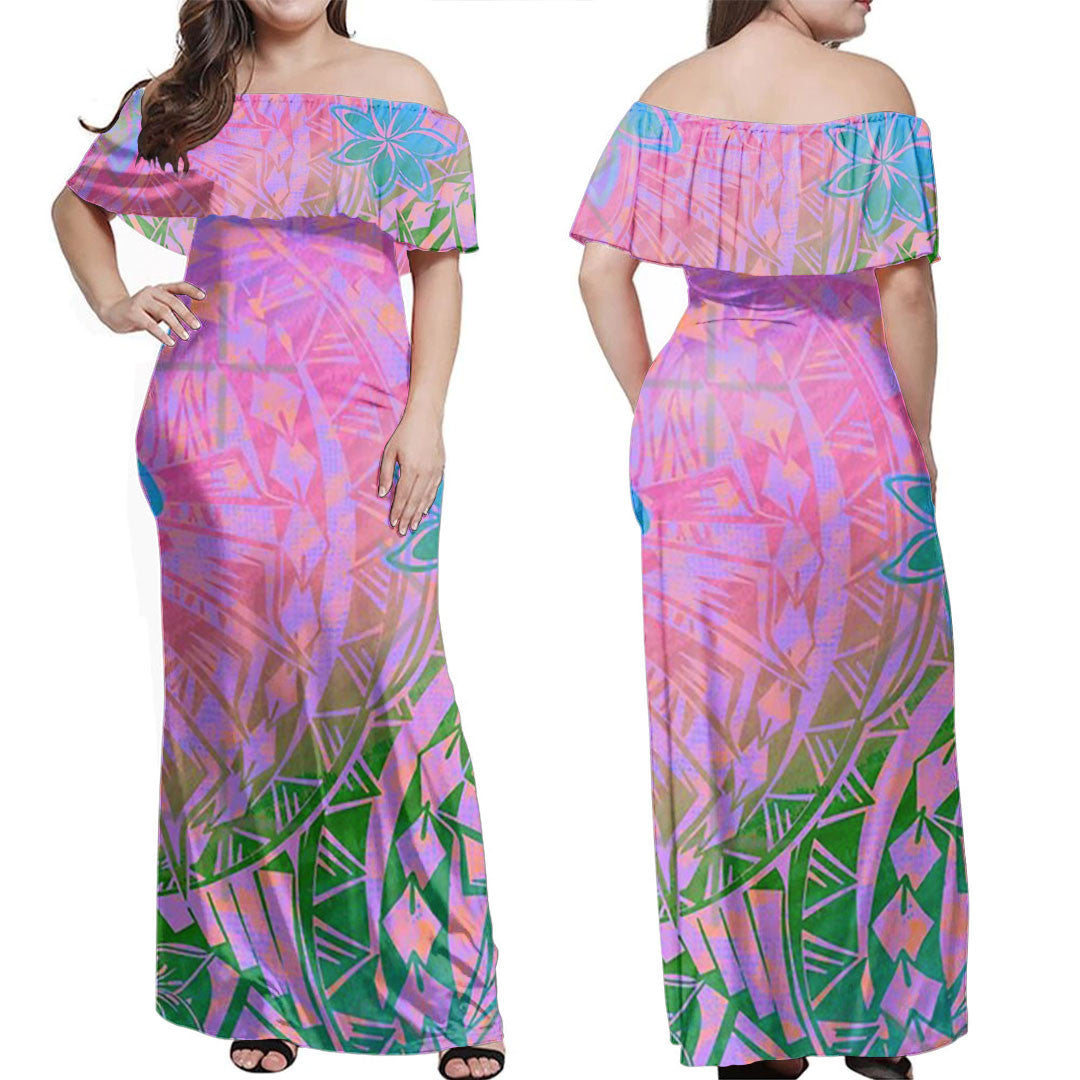 Polynesian Dress Floral Tribal Watercolor Off Shoulder Long Dress