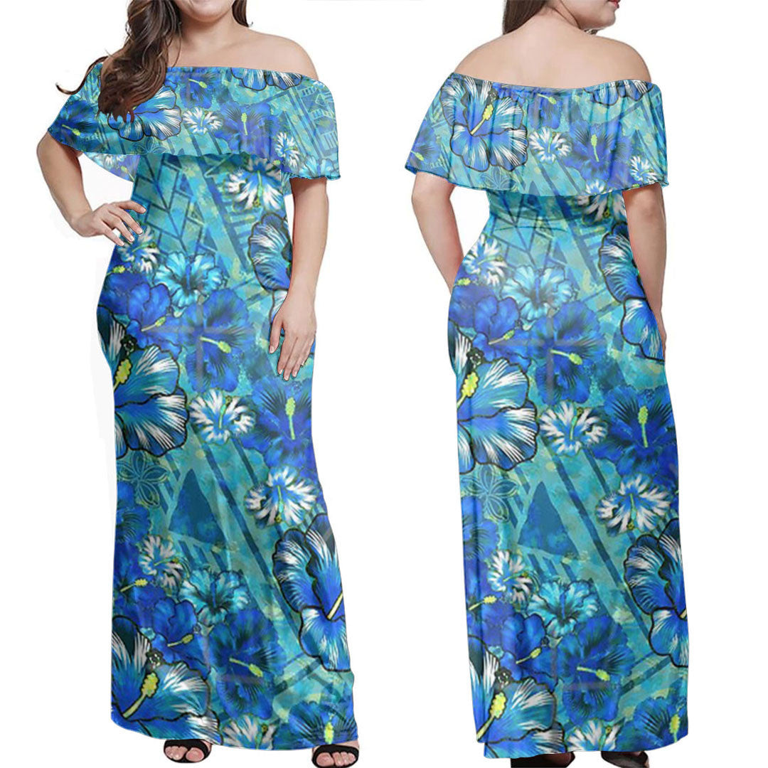 Polynesian Dress Polynesian Old Tribal Blue Hibiscus Pattern Off Shoulder Long Dress