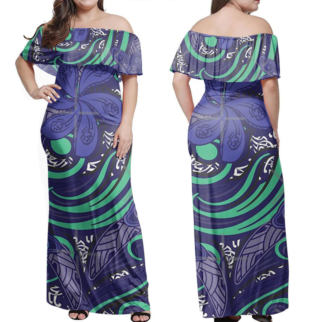 Polynesian Dress Polynesian Midnight Blue Tribal Pattern Off Shoulder Long Dress