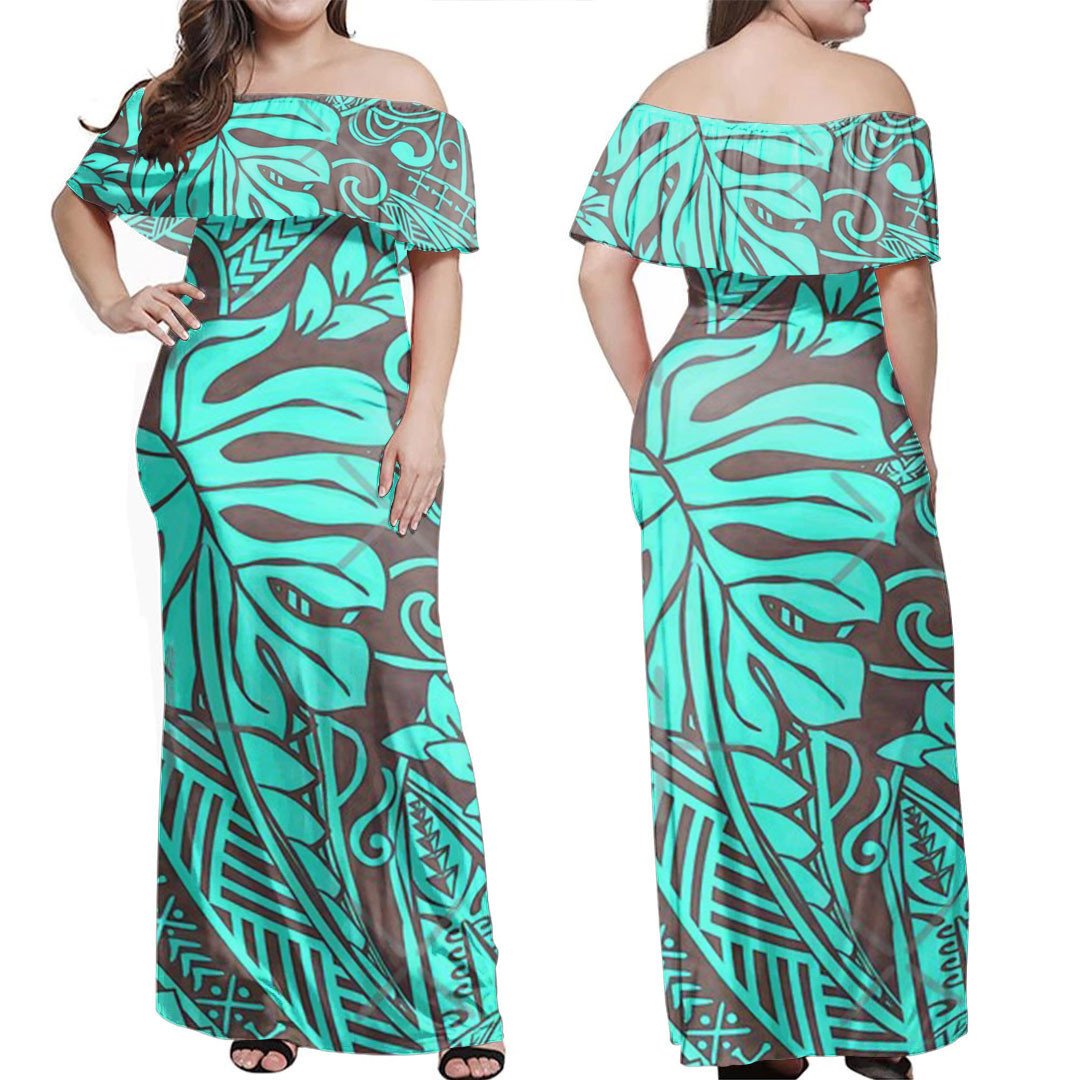 Polynesian Dress Teal Polynesian Tropical Leaf Off Shoulder Long Dress