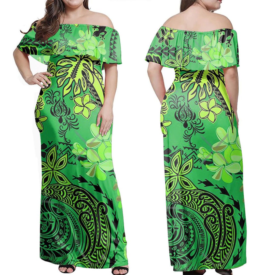 Polynesian Dress Kiwi Green Lanai Tribal Jungle Off Shoulder Long Dress