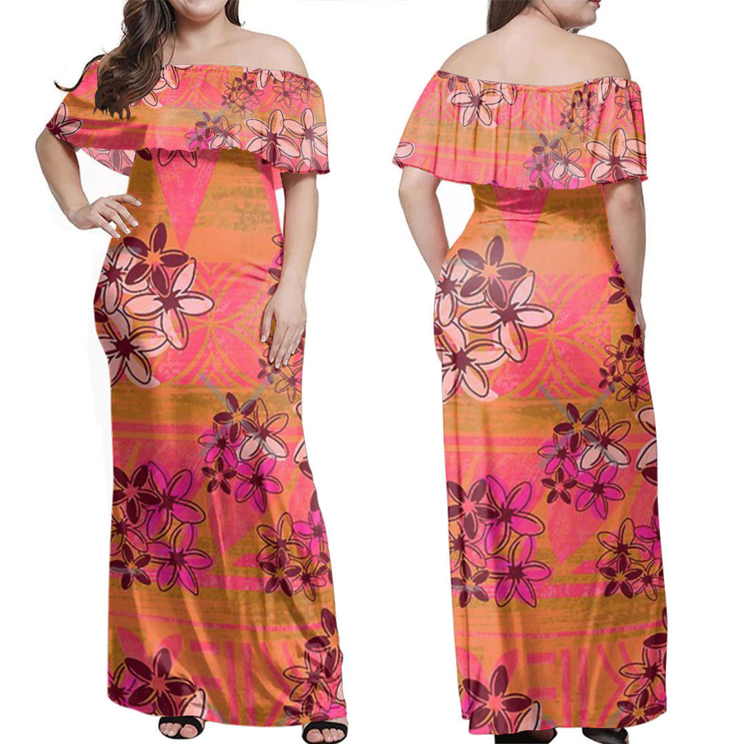 Polynesian Dress Vintage Polynesian Tiare Pattern Off Shoulder Long Dress