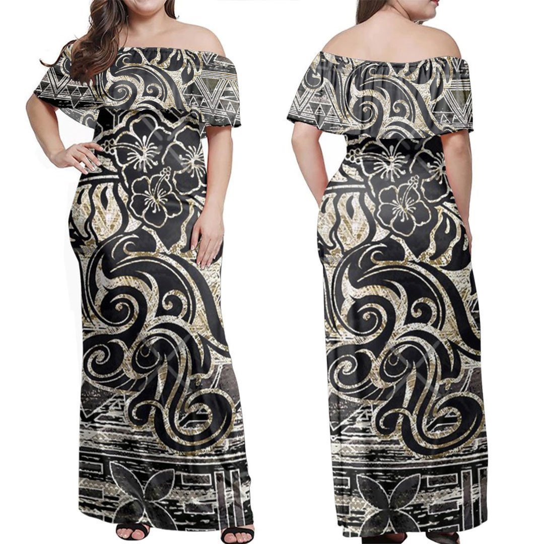 Polynesian Dress Vintage Polynesian Black Tribal Off Shoulder Long Dress