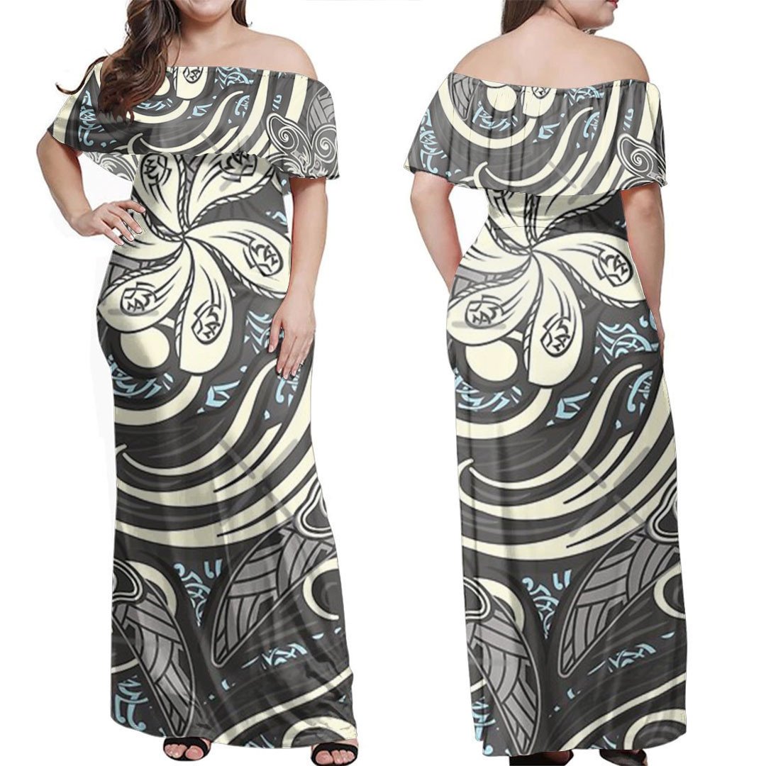 Polynesian Dress Vintage Polynesian Tribal Threads Off Shoulder Long Dress