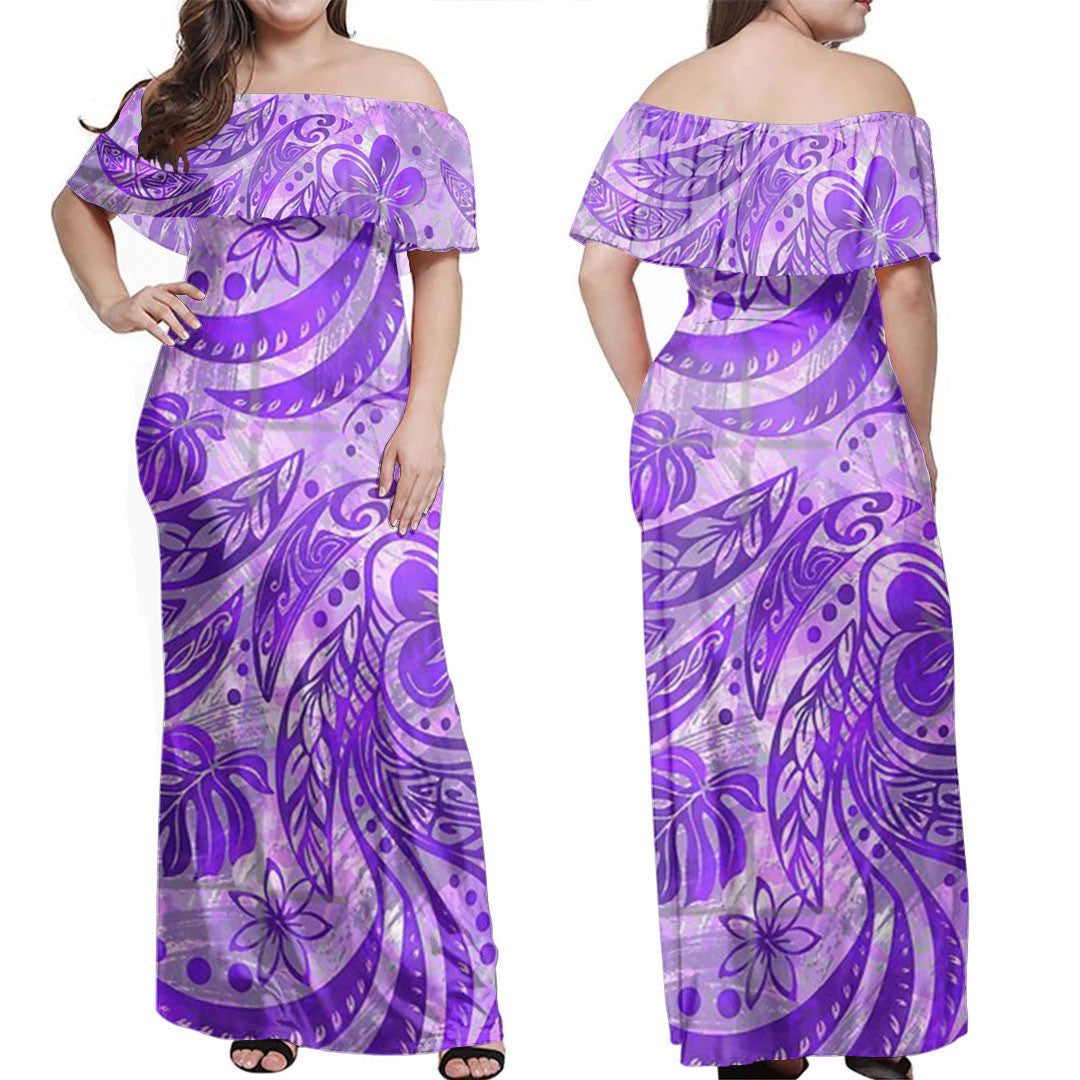 Polynesian Dress Polynesian Painted Purple Off Shoulder Long Dress