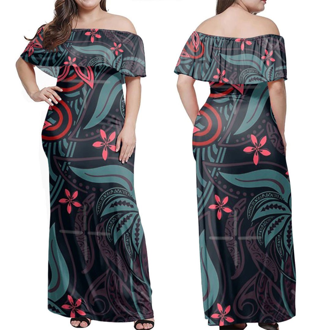 Polynesian Dress Polynesian Midnight Tribal Floral Off Shoulder Long Dress