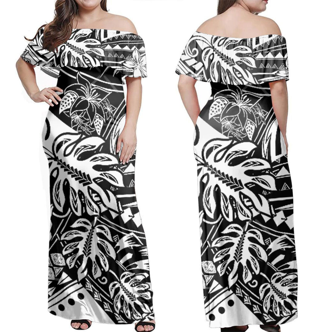 Polynesian Dress Black And White Tribal Off Shoulder Long Dress