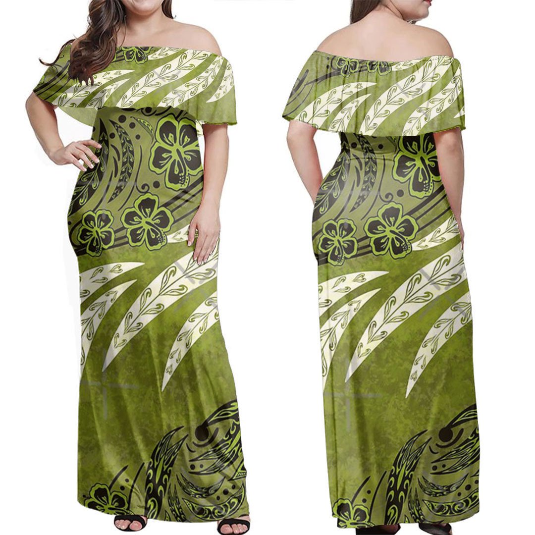 Polynesian Dress Tribal Olive Green Floral Splash Off Shoulder Long Dress