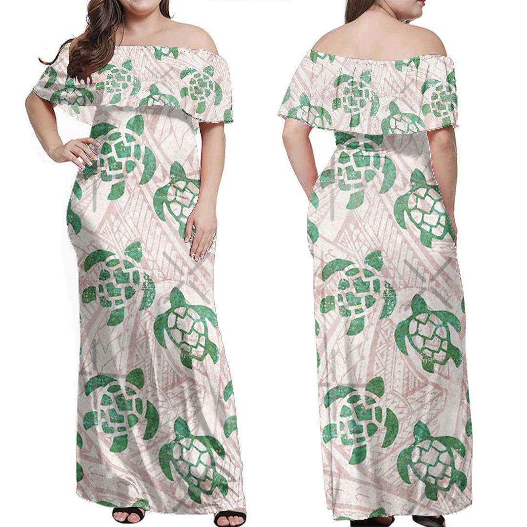 Polynesian Dress Polynesian Tribal Turtle Tapa Print Off Shoulder Long Dress
