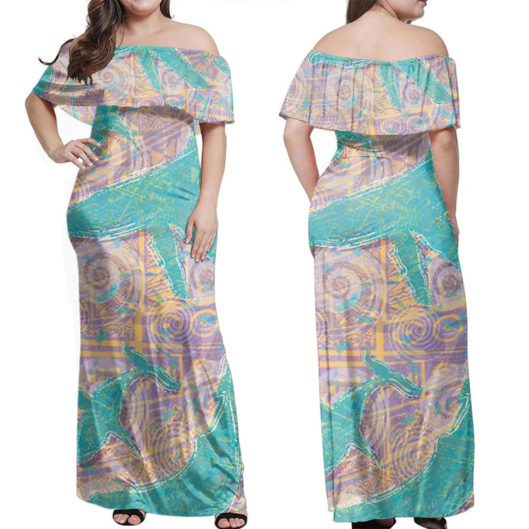 Polynesian Dress Polynesian Whales Tapa Print Off Shoulder Long Dress