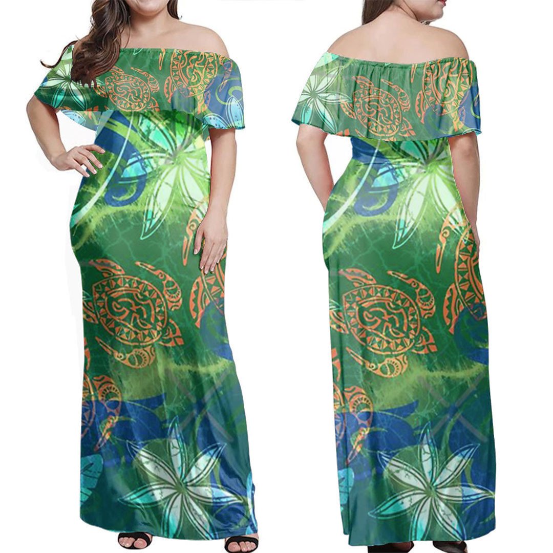 Polynesian Dress Polynesian Wild Tribal Watercolor Dye Splash Off Shoulder Long Dress
