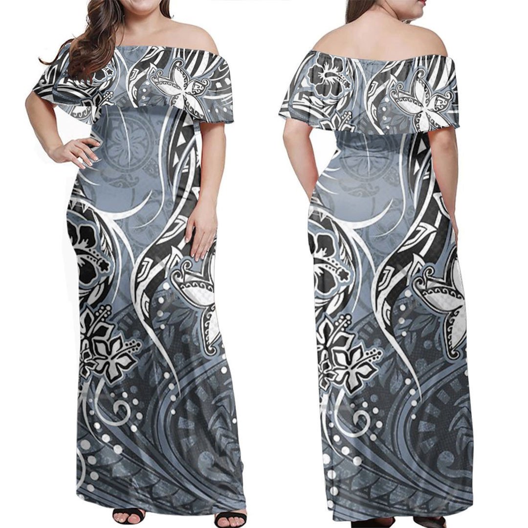 Polynesian Dress Tribal Slate Print Off Shoulder Long Dress