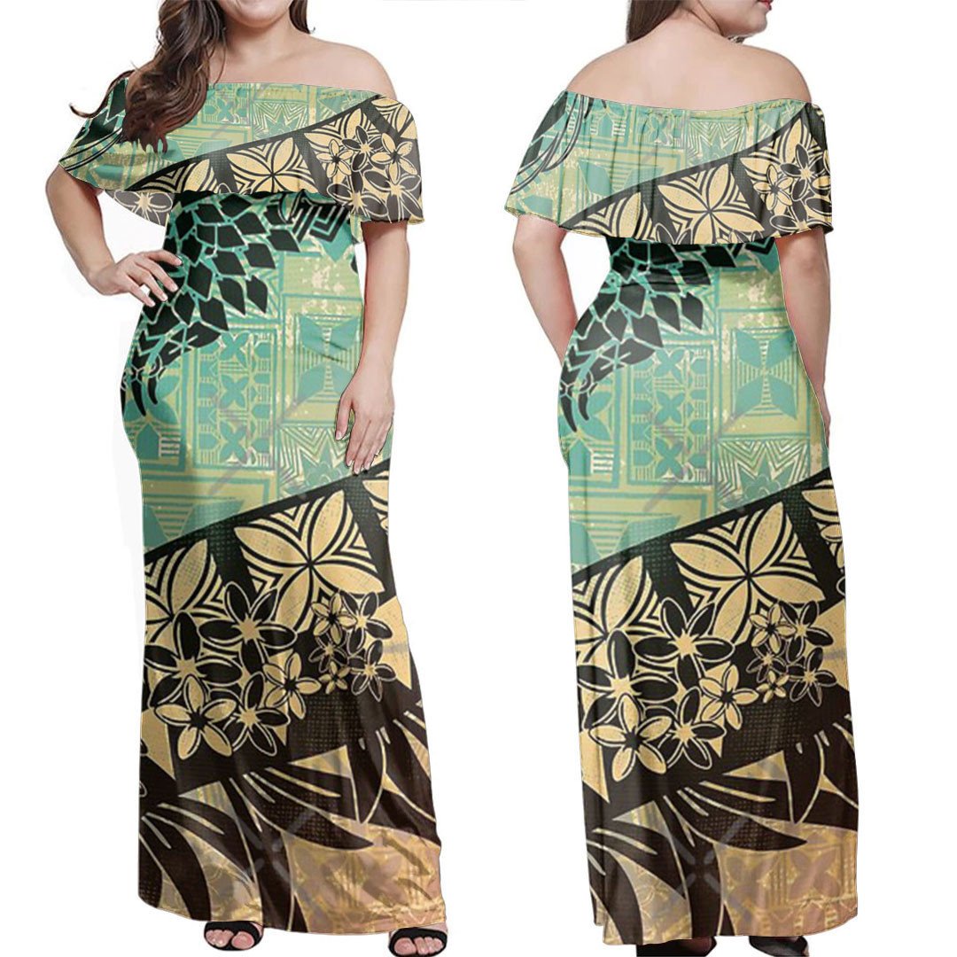Polynesian Dress Vintage Samoan Old Teal Tapa Threads Off Shoulder Long Dress