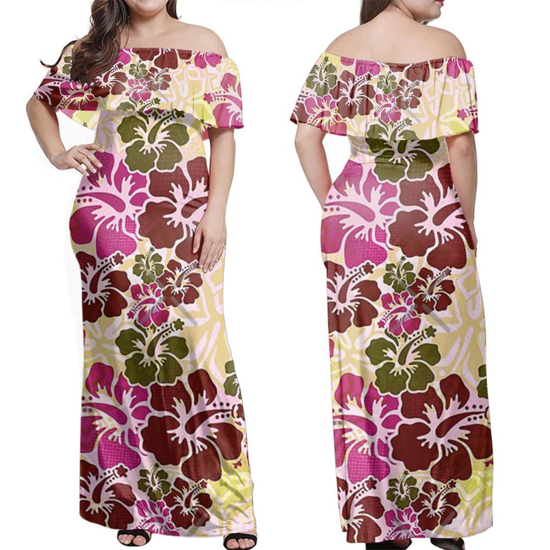 Polynesian Dress Plum Hibiscus Pattern Off Shoulder Long Dress