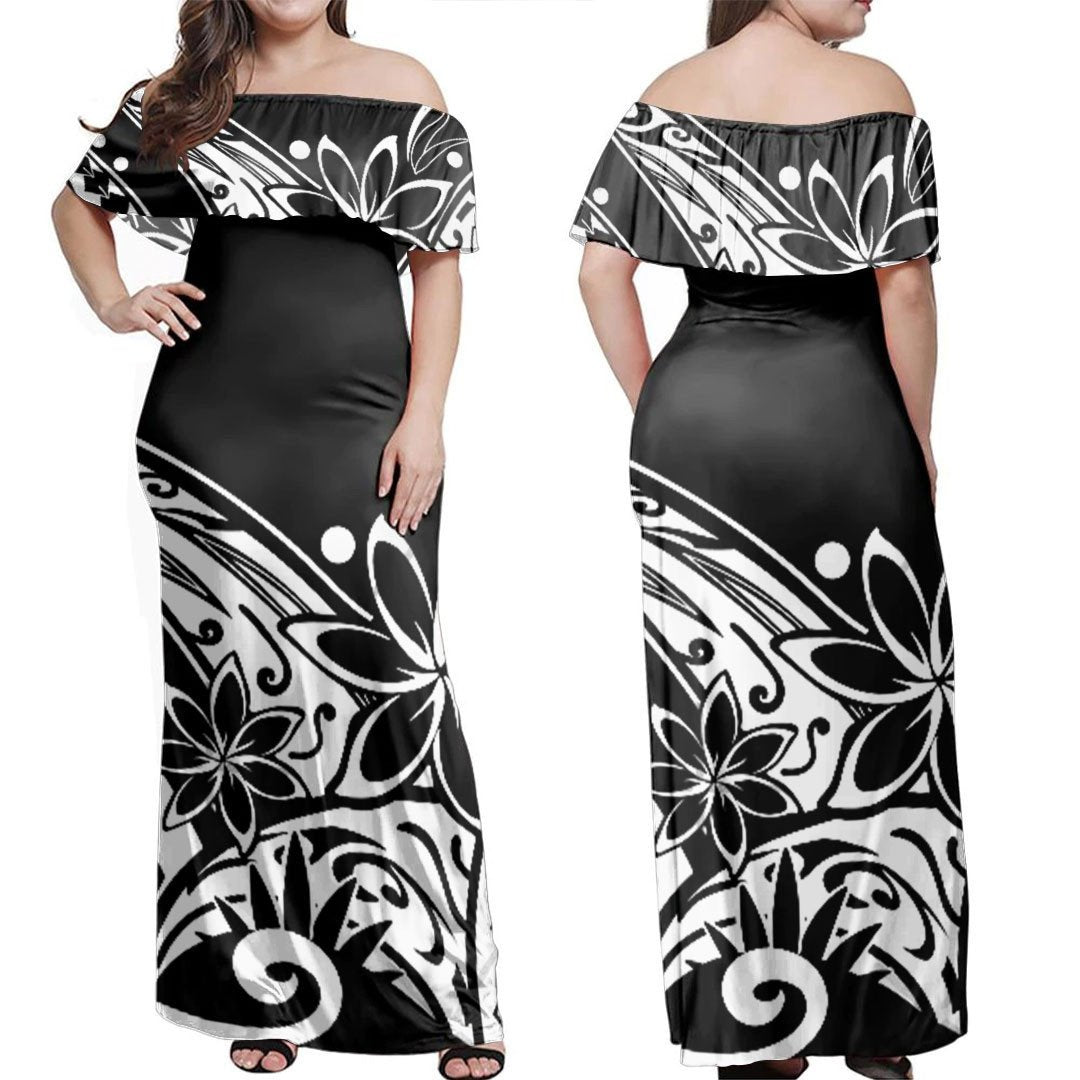Polynesian Dress Polynesian Black And White Tribal Off Shoulder Long Dress