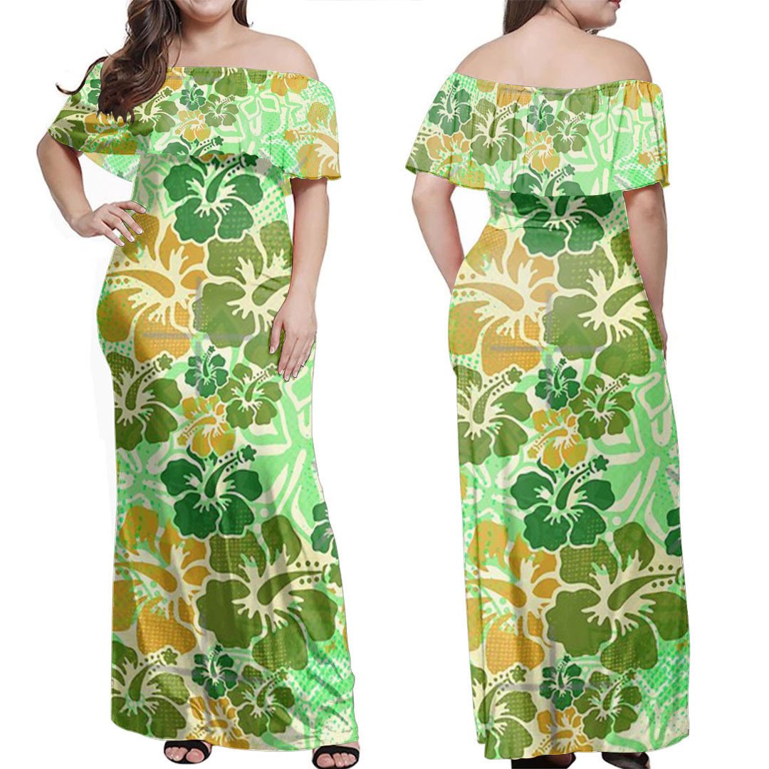 Polynesian Dress Green Hibiscus Pattern Decor Off Shoulder Long Dress