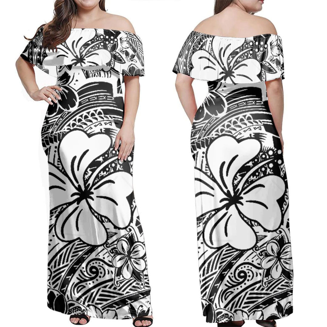 Polynesian Dress Polynesian White Hibiscus Off Shoulder Long Dress