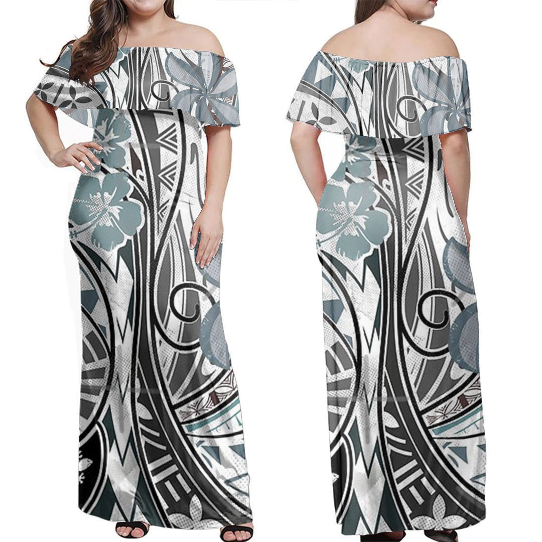 Polynesian Dress Old Blue Polynesian Tribal Threads Off Shoulder Long Dress