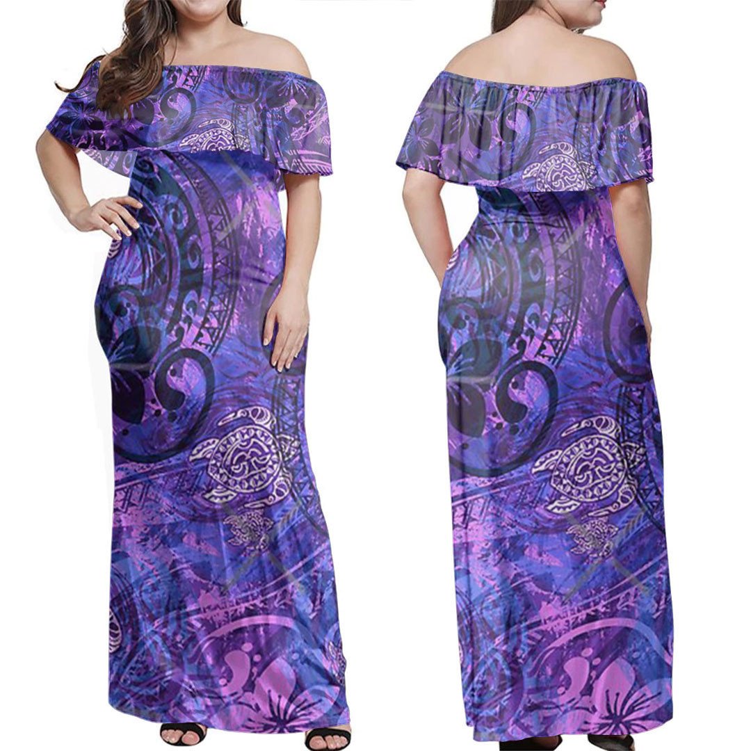 Polynesian Dress Polynesian Painted Purples Tribal Off Shoulder Long Dress
