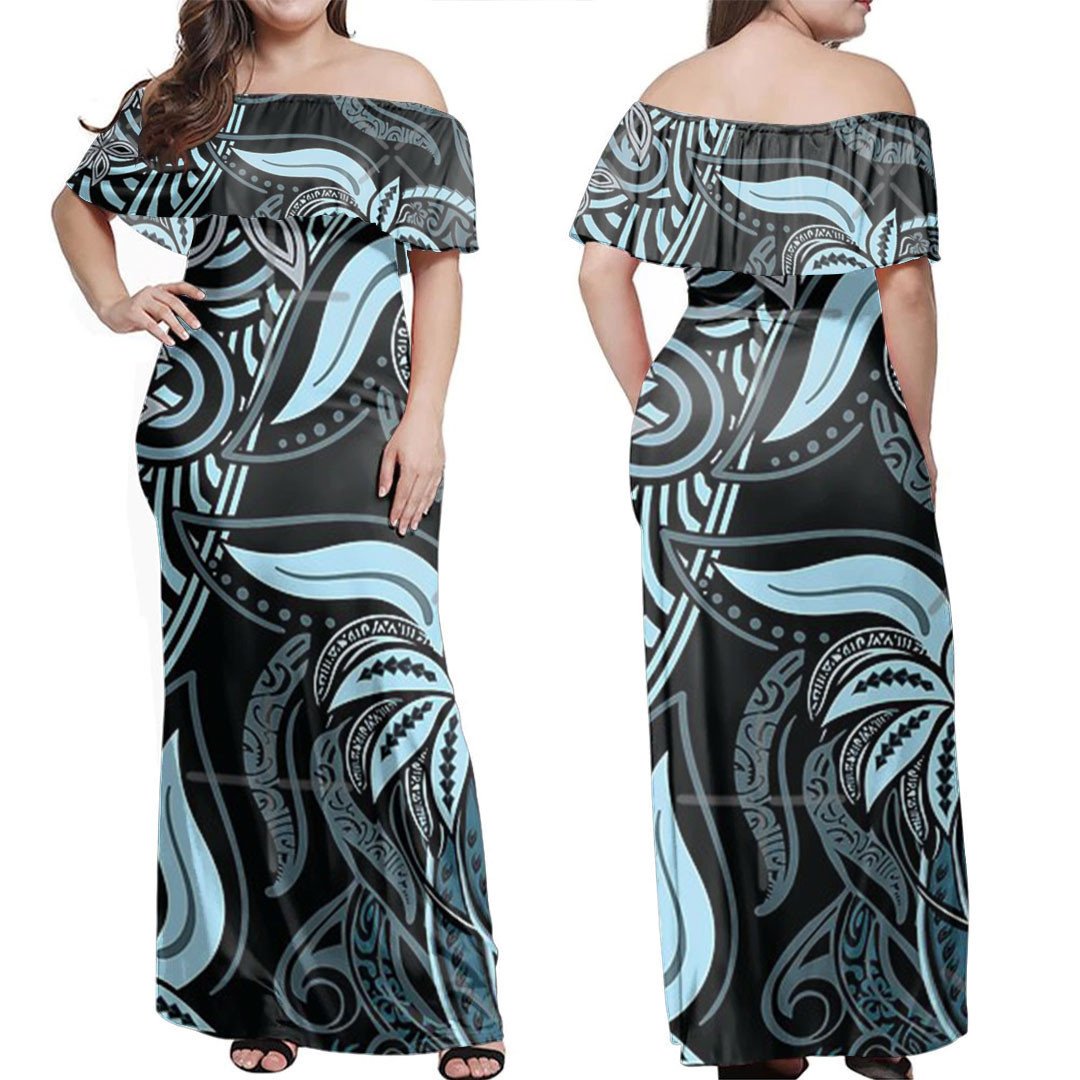 Polynesian Dress Polynesian Blue Tribal Floral Off Shoulder Long Dress